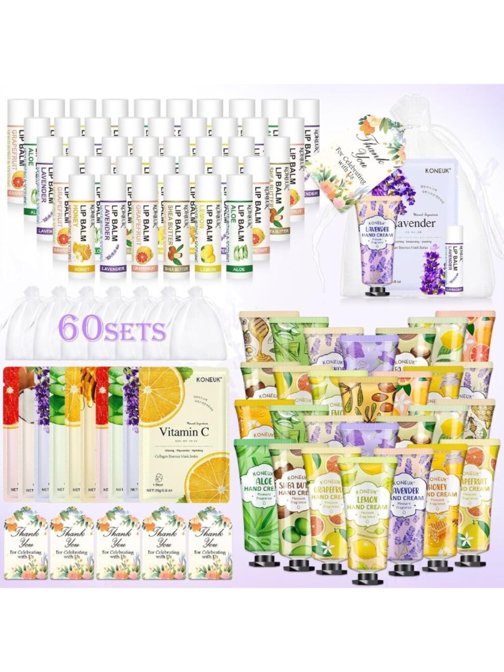 60 Pack Lip Balm, Facial Mask & Hand Cream Set - Perfect for Gifts & Favors